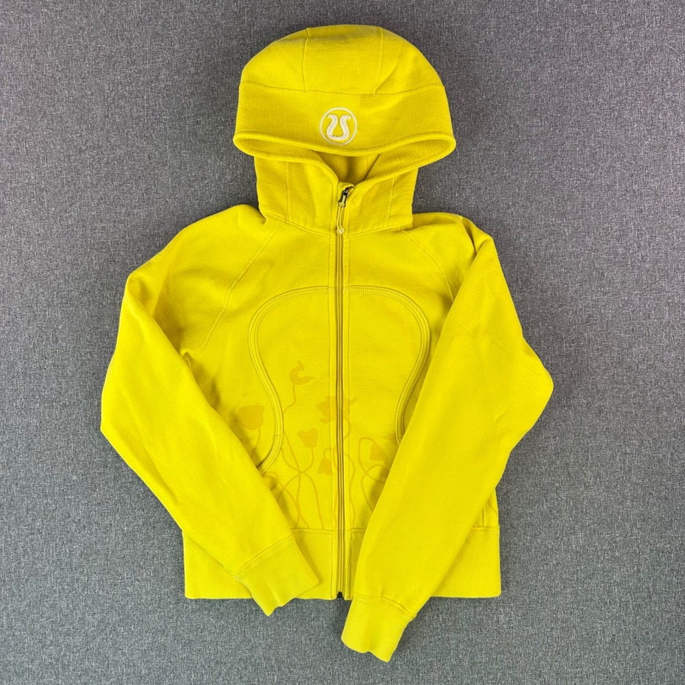 Lululemon Hoodie Women M Scuba Full Zip Yellow Floral Graphic Excellent